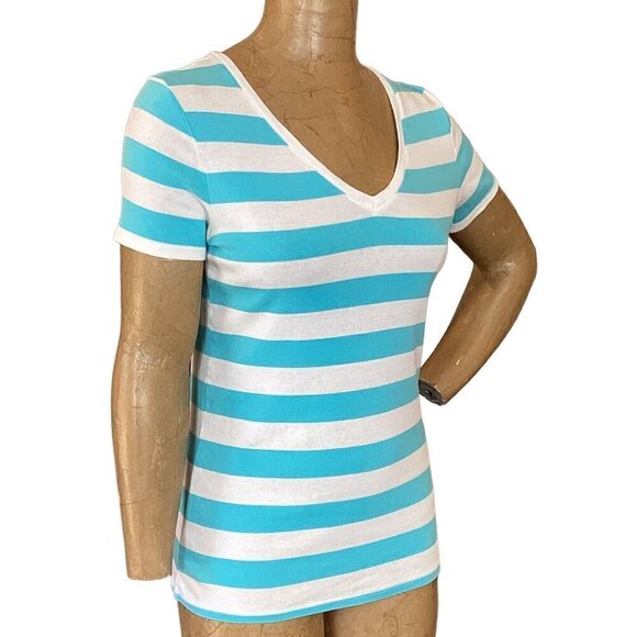 Merona Ultimate Tee Polo Stripe V-Neck Short Sleeve Turquoise & White Sz M 103U - Picture 3 of 6